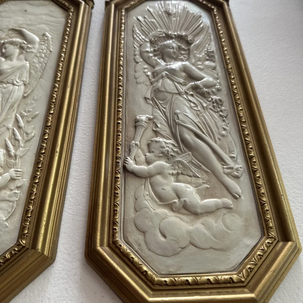 Vintage 1967 Homco Dart Industries Angel Cherub Wall Plaques 7058 7059 Pair USA